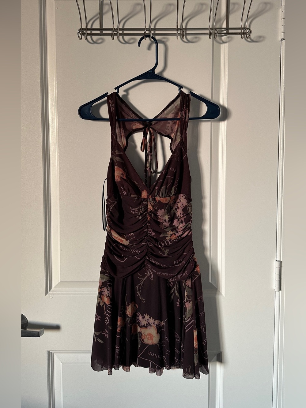 Floral Ruched Tie-Back Mini Dress - Deep Plum